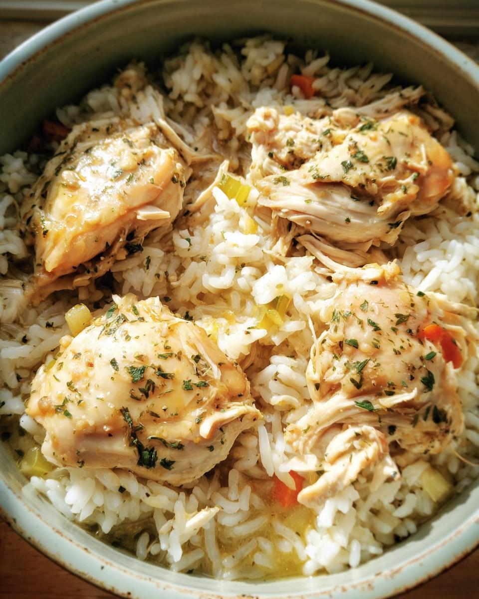 A bowl of homemade Slow Cooker Chicken and Rice, topped with herbs and vegetables.