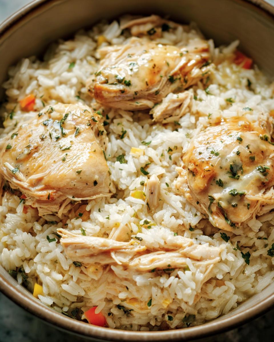 Close-up of a bowl filled with Slow Cooker Chicken and Rice, garnished with herbs.