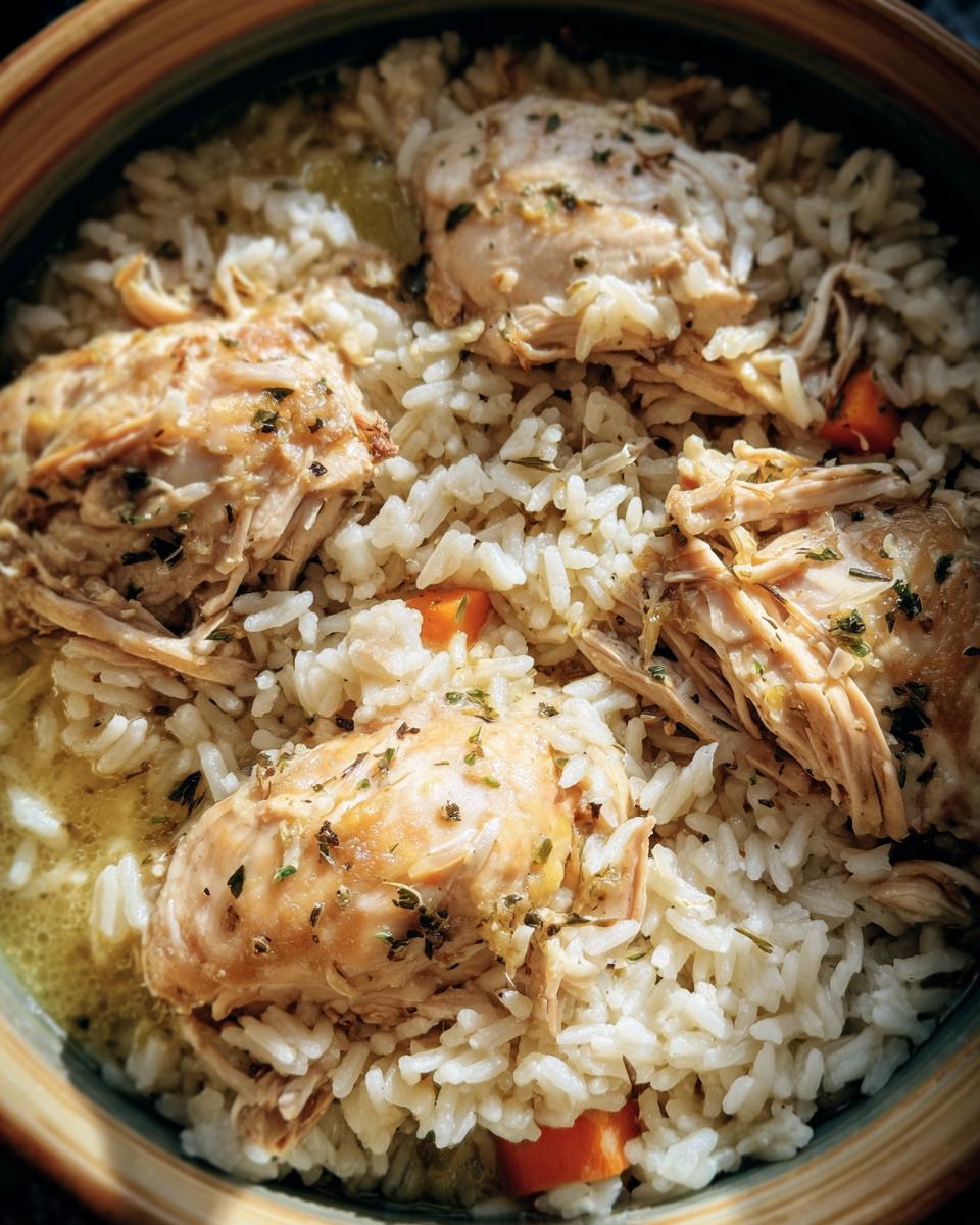 Overhead shot of a bowl filled with Slow Cooker Chicken and Rice, garnished with herbs and visible carrots.
