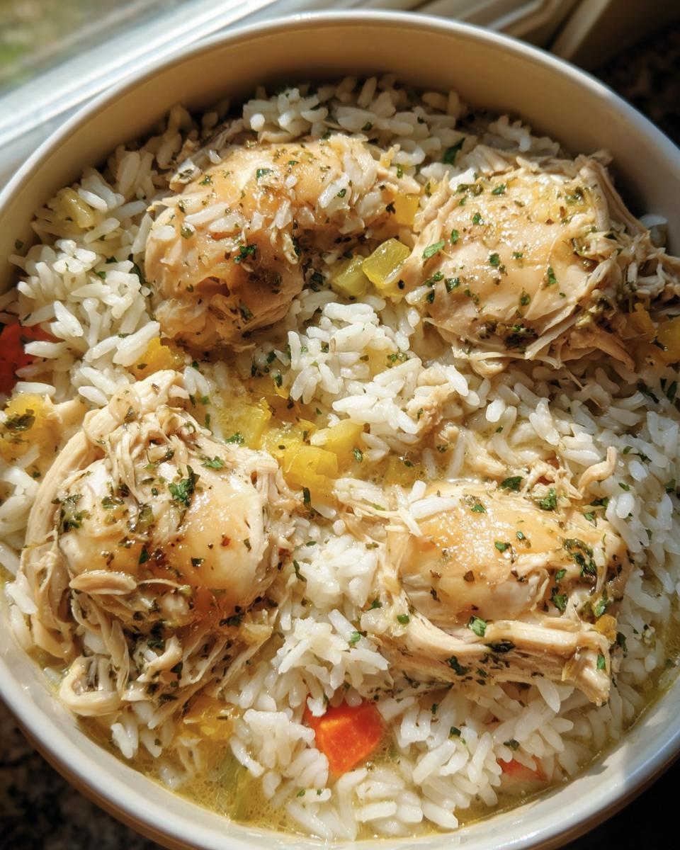 A bowl of delicious Slow Cooker Chicken and Rice, garnished with herbs and vegetables.