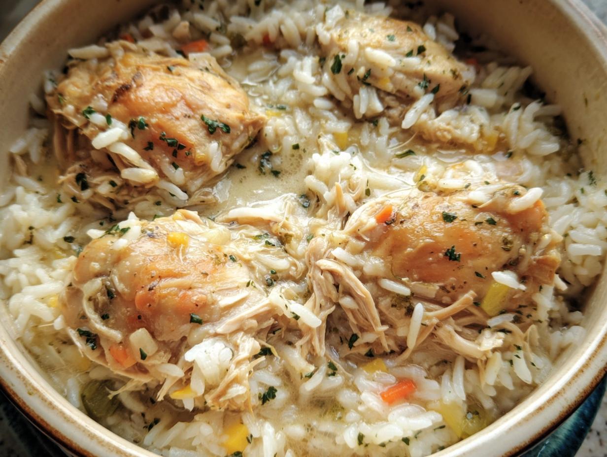 A bowl of homemade Slow Cooker Chicken and Rice, garnished with fresh herbs. A comforting one-pot meal.