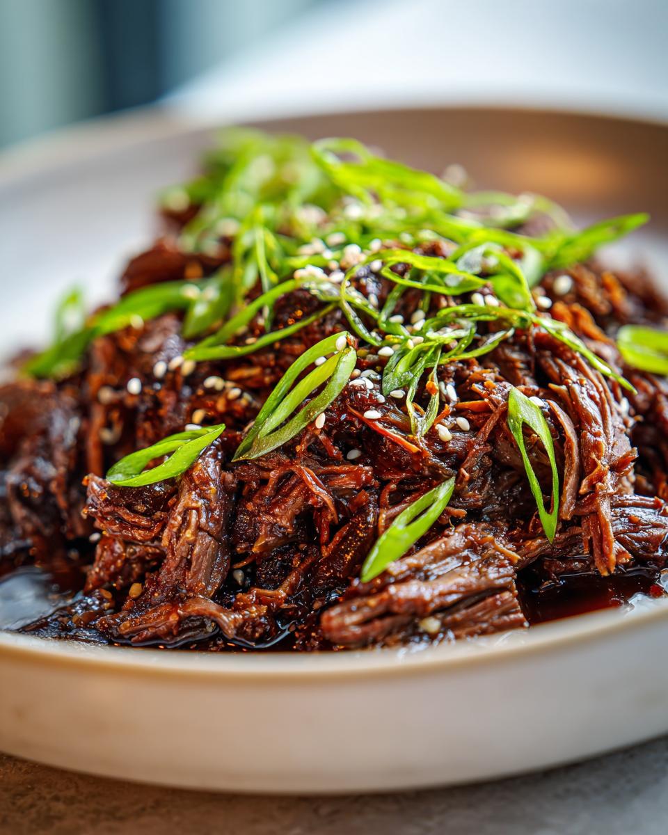 Close-up of Slow Roast Asian Beef, garnished with scallions and sesame seeds on a plate.