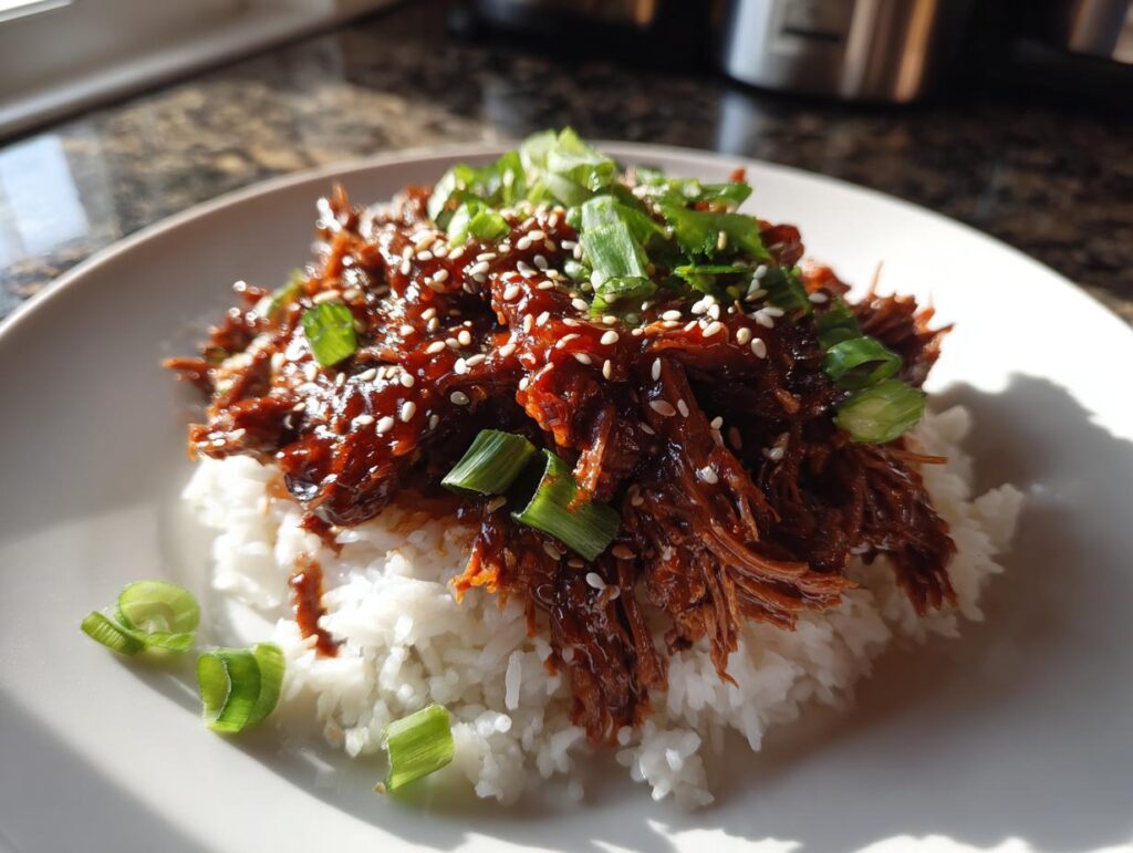 A serving of Slow Roast Asian Beef on a bed of white rice, garnished with sesame seeds and green onions.