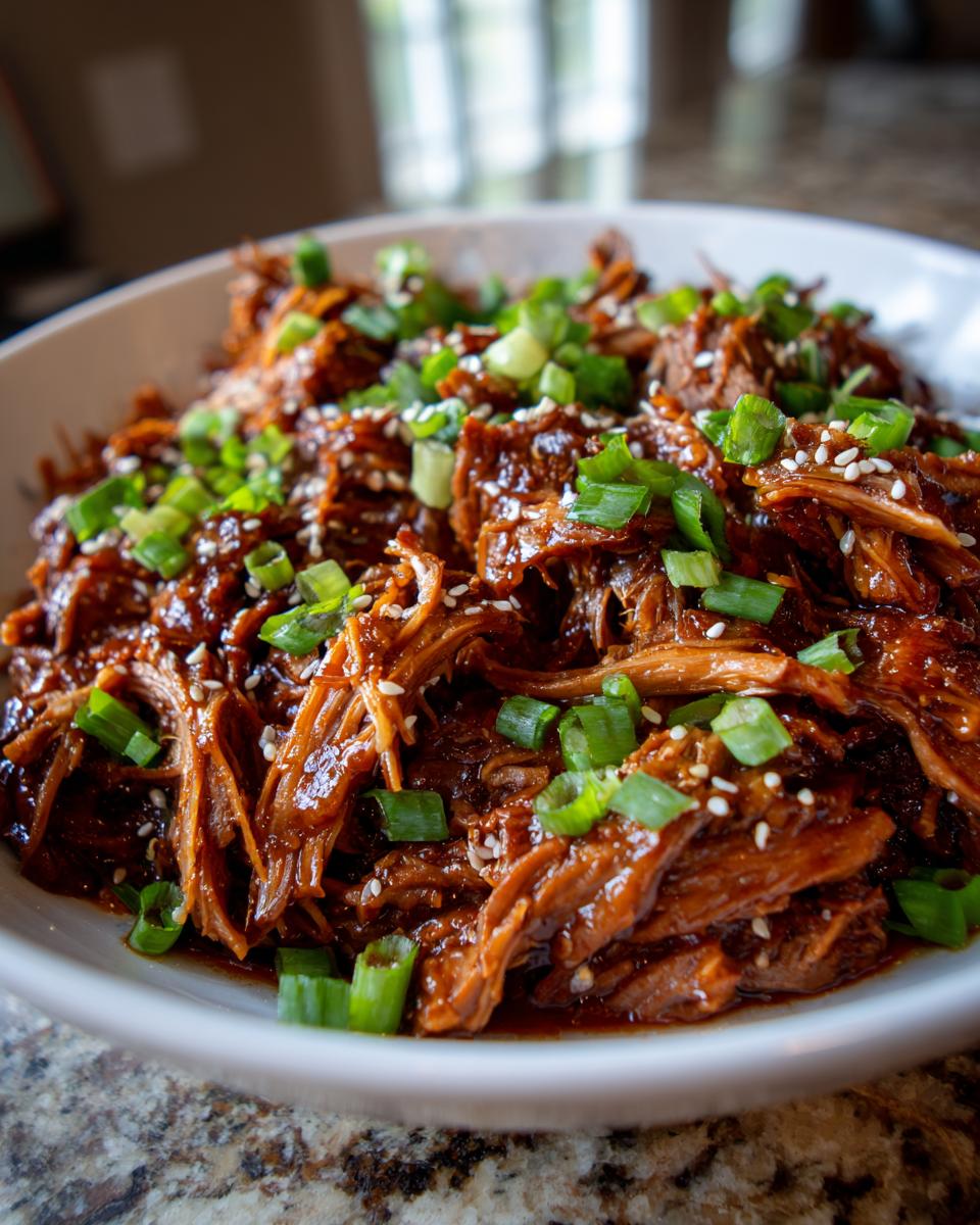 Close-up of Slow Roast Asian Beef in a bowl, garnished with sesame seeds and chopped scallions.