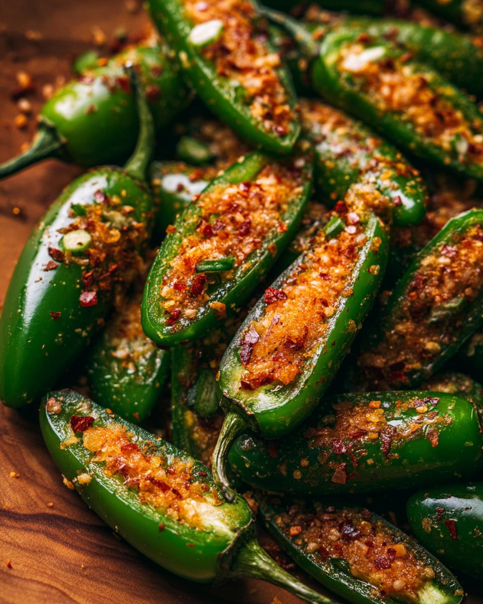 Close-up of halved jalapeños stuffed with filling, sprinkled with red pepper flakes for Spicy Jalapeño Popper Soup.