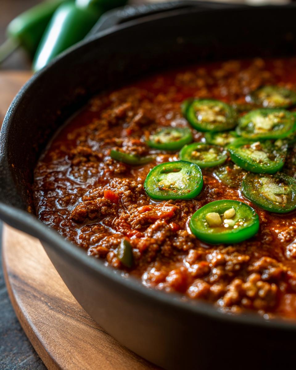 Close-up of Spicy Jalapeño Popper Soup in a cast iron pan, topped with sliced jalapeños.