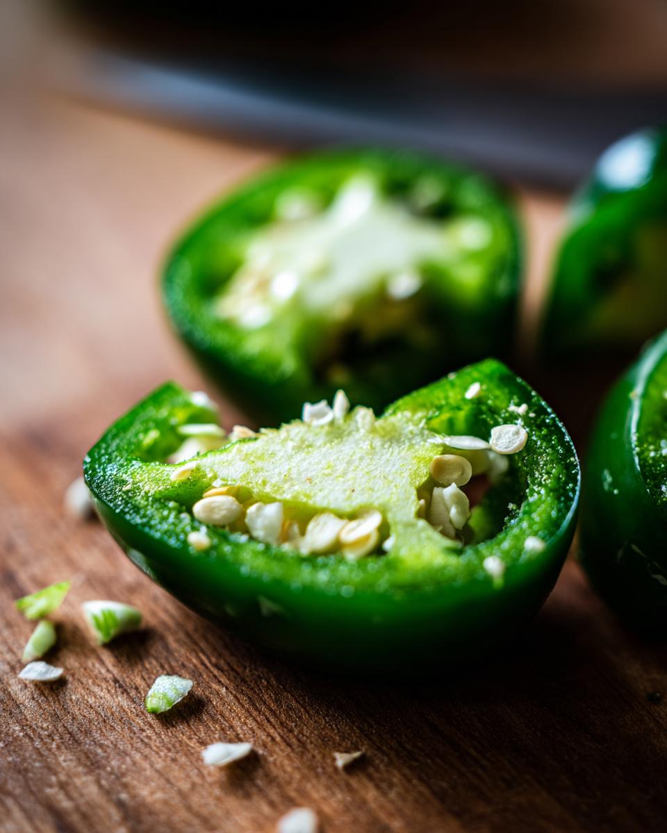 Close-up of sliced fresh jalapeños with seeds, ready for making Spicy Jalapeño Popper Soup.
