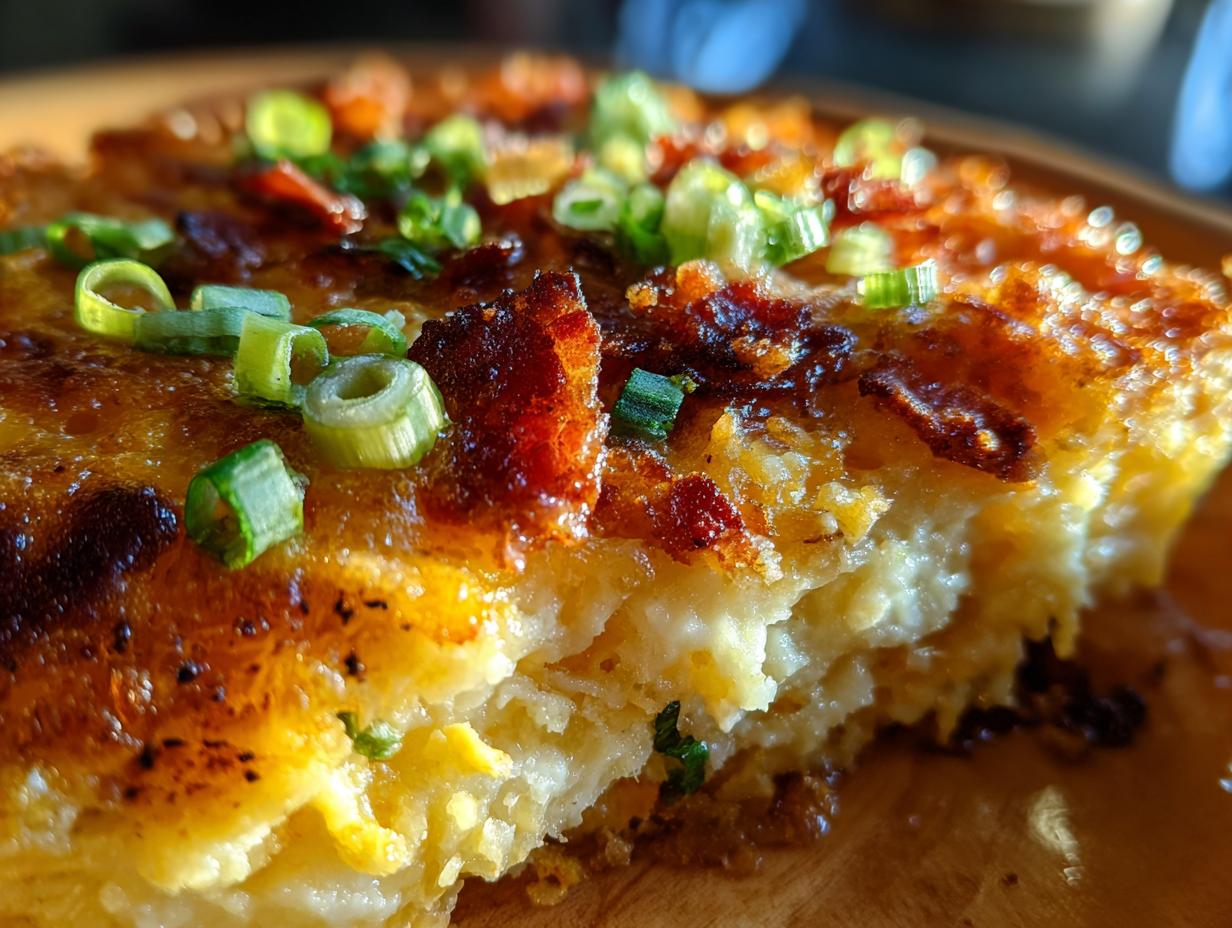 Close-up of a slice of Spicy Jalapeño Popper Soup bake, topped with bacon and green onions.