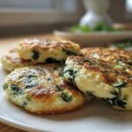 A plate of golden-brown Spinach Cottage Cheese Flagels, showcasing the spinach and cottage cheese filling.