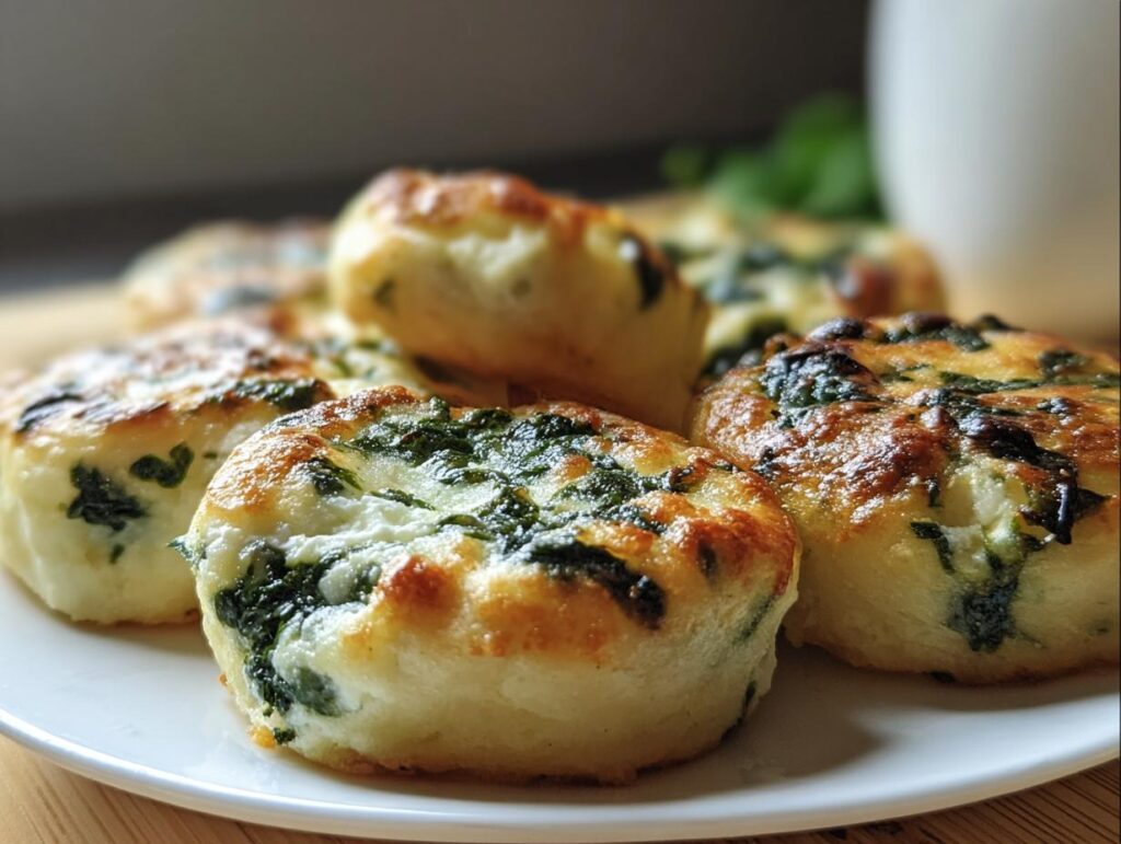 A plate of freshly baked Spinach Cottage Cheese Flagels, golden brown and topped with spinach.
