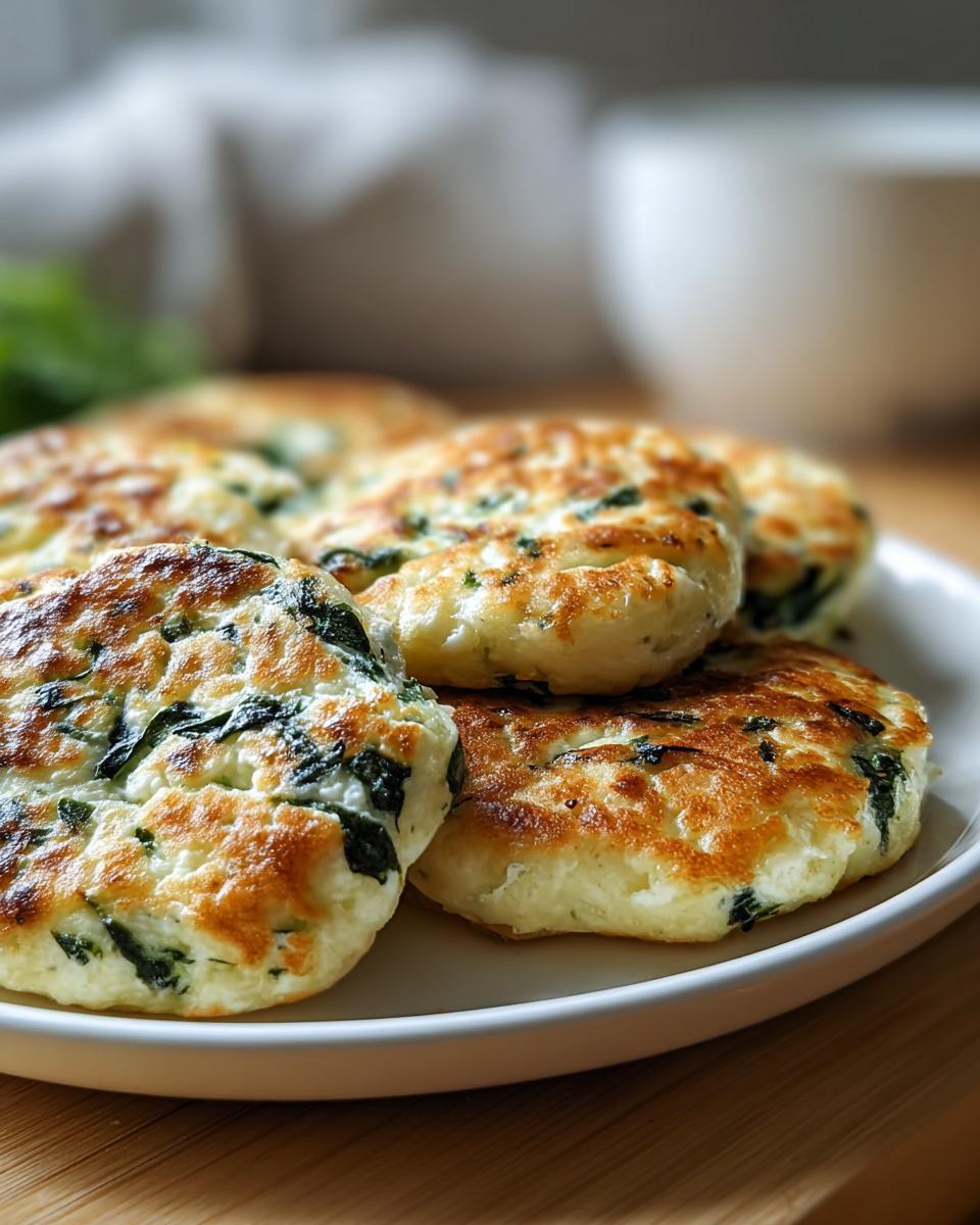 A plate of golden-brown Spinach Cottage Cheese Flagels, showcasing the spinach and cottage cheese filling.