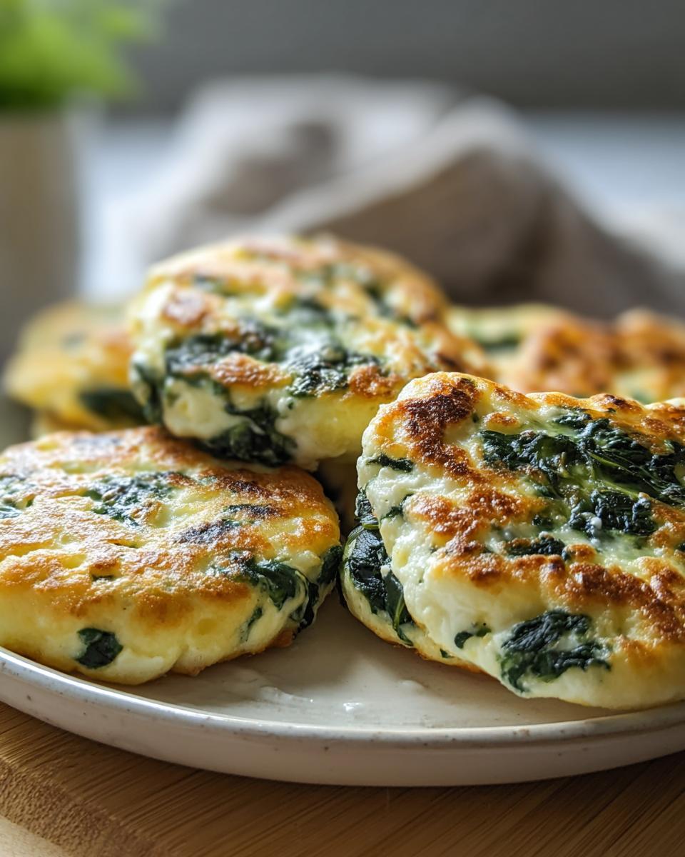 A close-up of golden Spinach Cottage Cheese Flagels stacked on a plate, showcasing the spinach and cottage cheese filling.