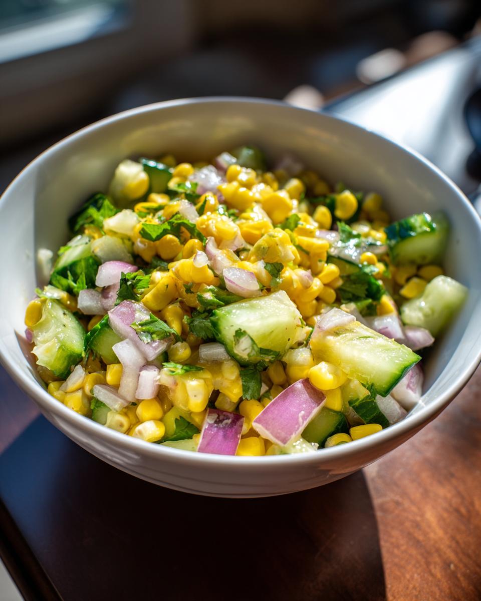 Bowl of vibrant Street Corn Cucumber Salad with corn, cucumbers, red onion, and herbs.