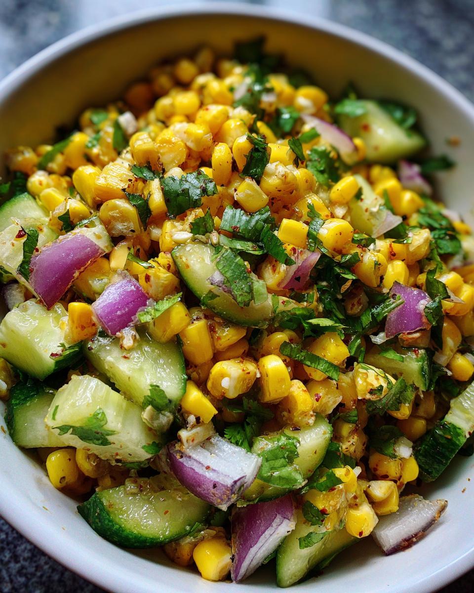 A vibrant bowl of Street Corn Cucumber Salad with corn, cucumber, red onion, and cilantro.