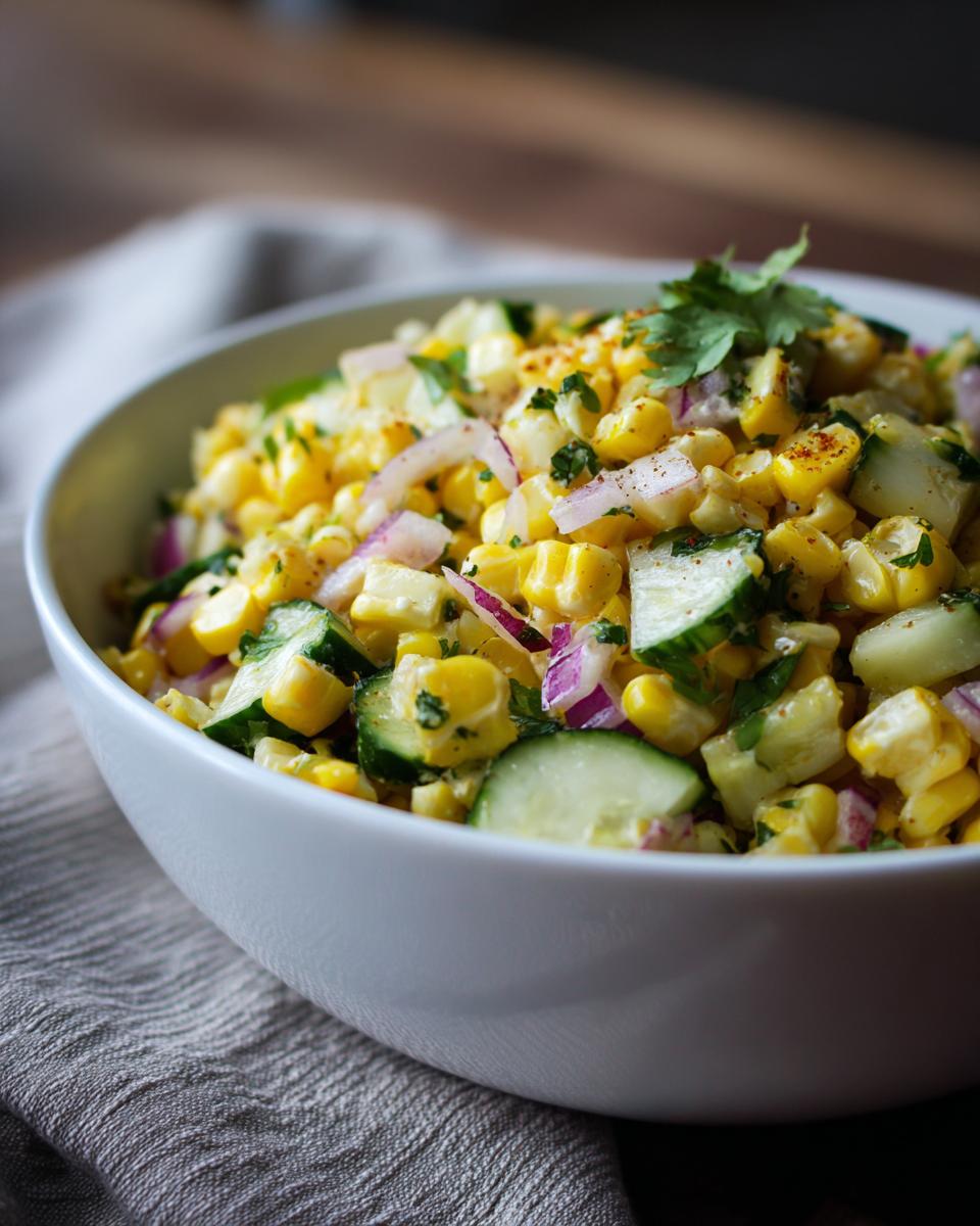 Bowl of vibrant Street Corn Cucumber Salad with corn, cucumber, red onion, and herbs.