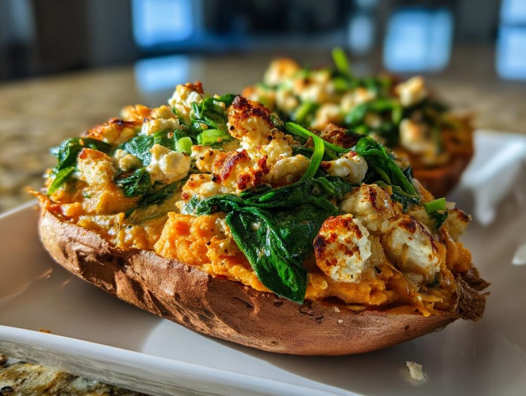 Two Stuffed Sweet Potatoes with Spinach and feta cheese on a white plate, ready to eat.