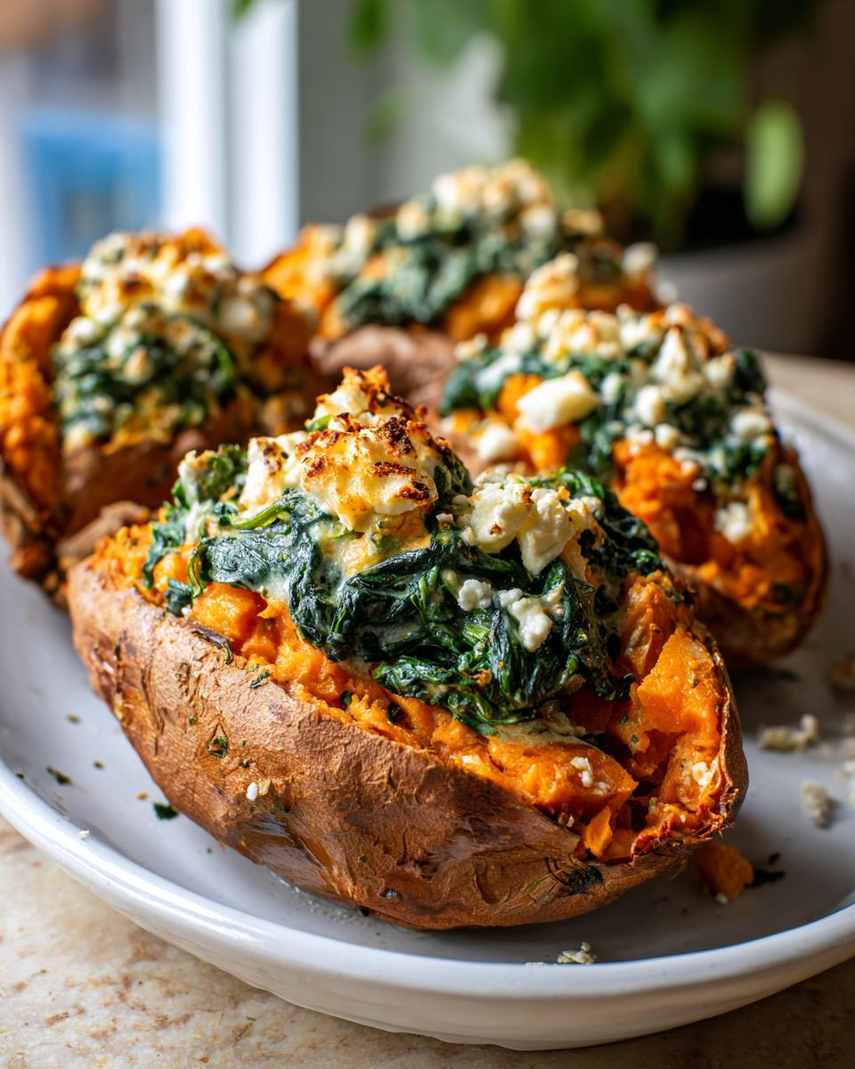 Delicious Stuffed Sweet Potatoes with Spinach and feta cheese on a white plate.