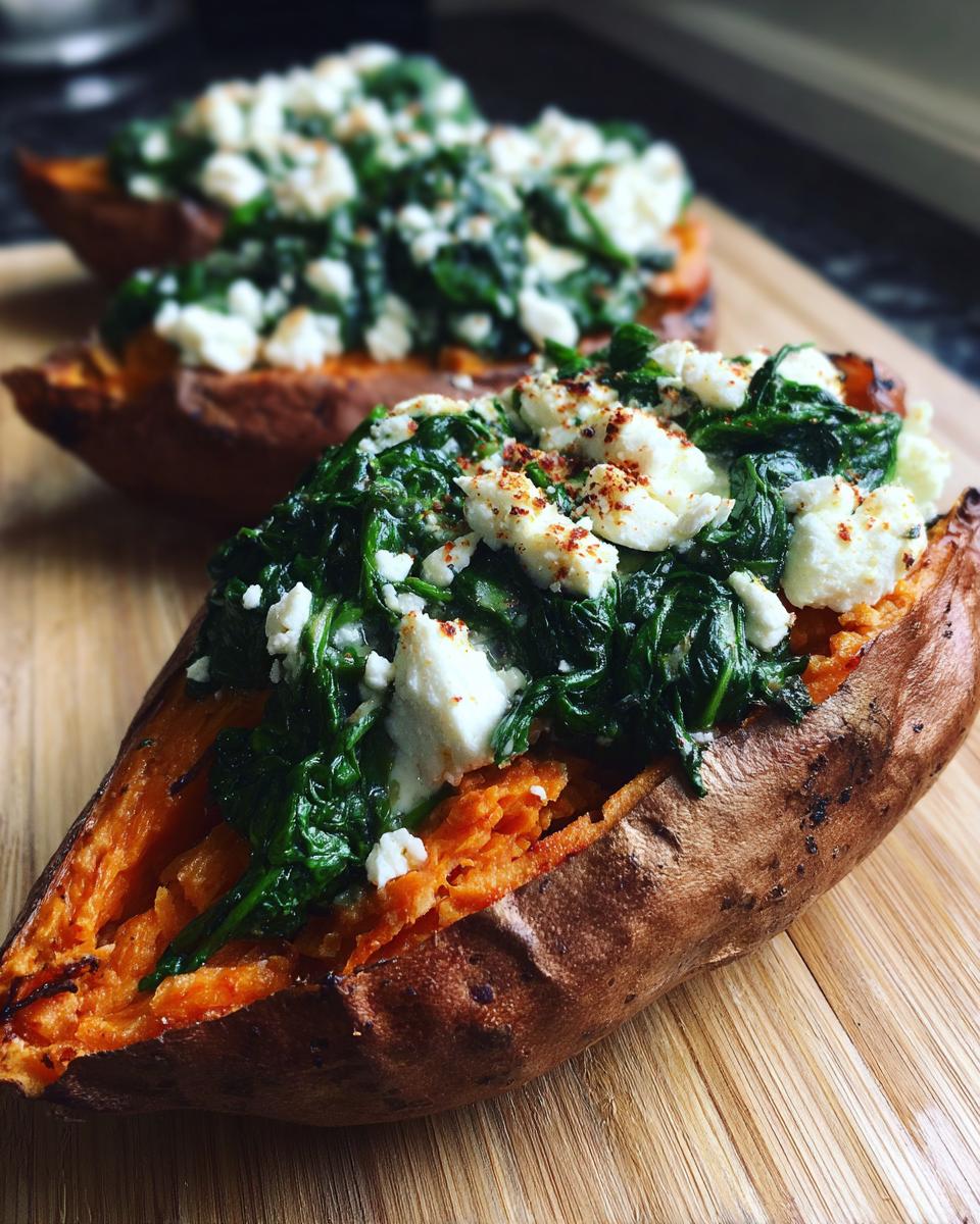 Close-up of Stuffed Sweet Potatoes with Spinach and feta cheese on a wooden board.