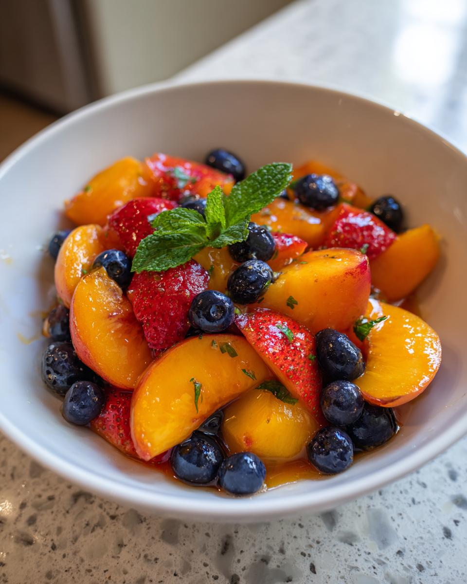Close-up of a bowl of Summer Peach Fruit Salad with peaches, strawberries, blueberries, and mint.