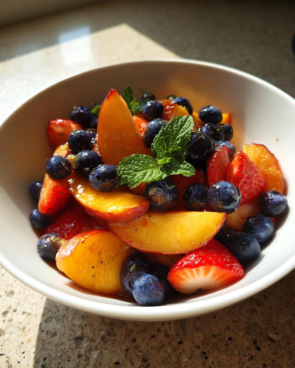 A vibrant bowl of Summer Peach Fruit Salad with peaches, blueberries, and strawberries, garnished with mint.