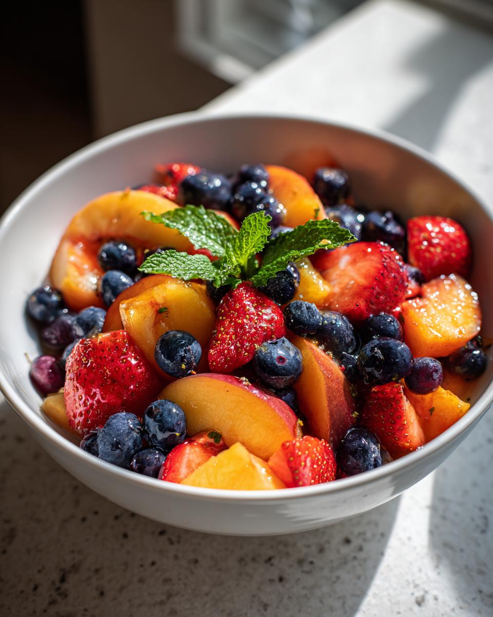 Close-up of a vibrant Summer Peach Fruit Salad in a white bowl, featuring peaches, blueberries, and strawberries.