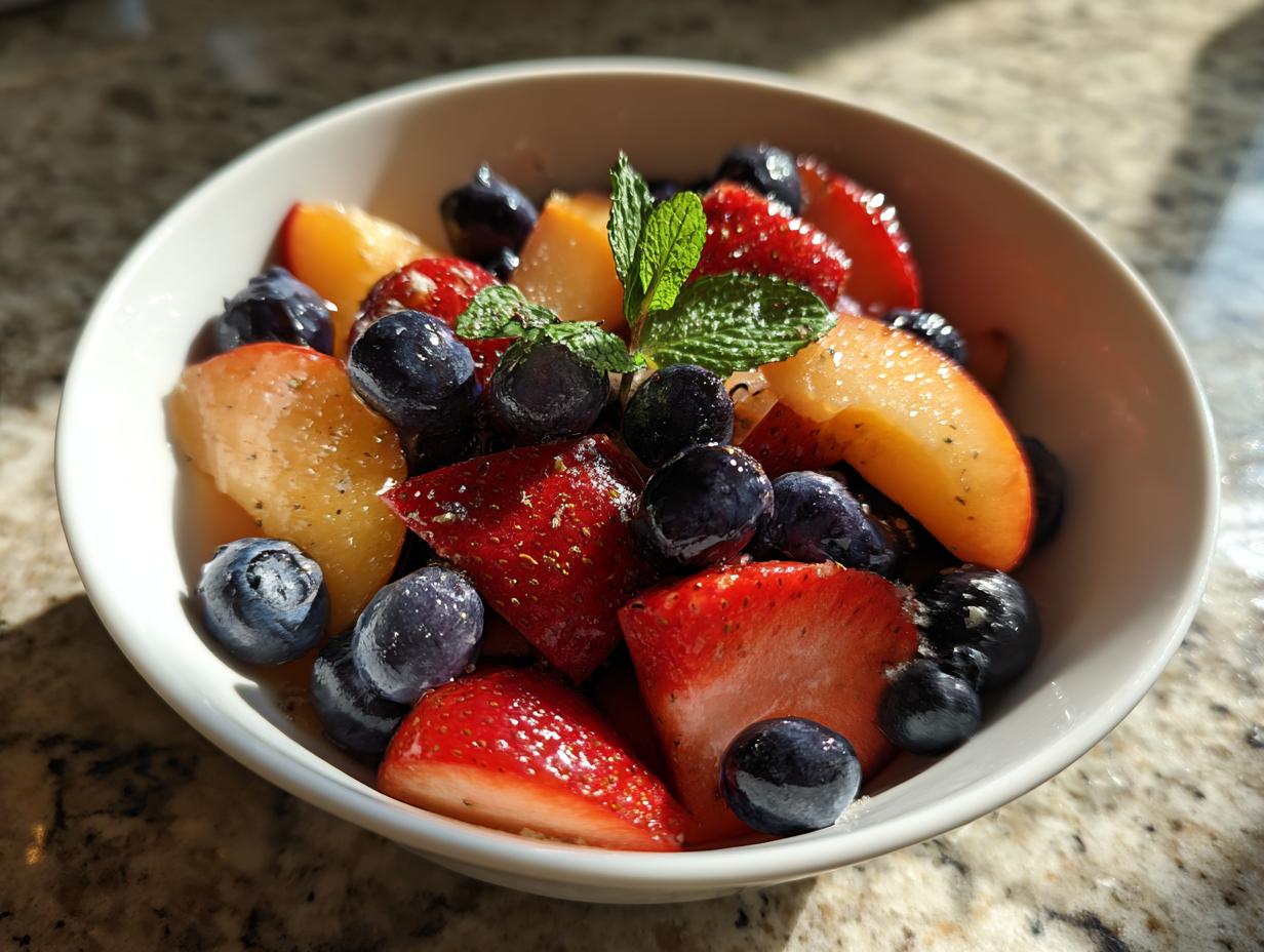 A vibrant bowl of Summer Peach Fruit Salad with peaches, blueberries, and strawberries.