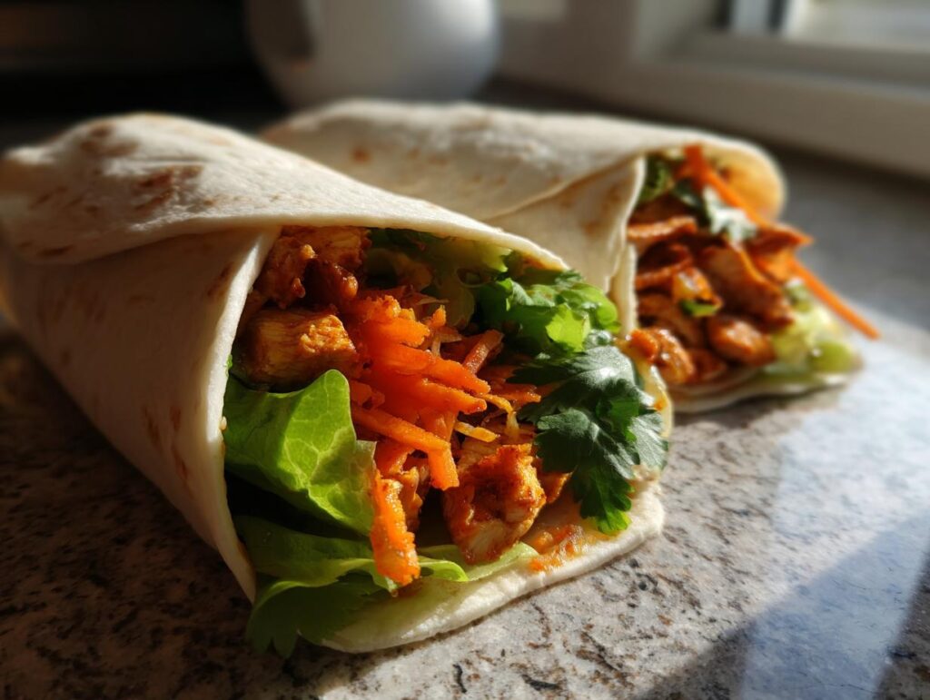 Two Sweet Chili Chicken Wraps filled with chicken, lettuce, carrots, and herbs on a countertop.