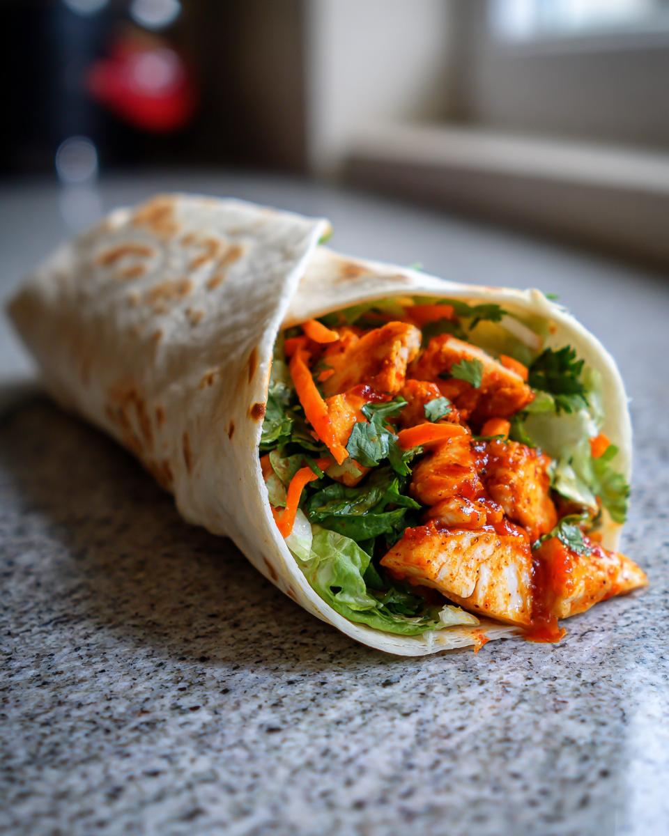 A close-up of a Sweet Chili Chicken Wrap filled with lettuce, carrots, cilantro, and chicken.