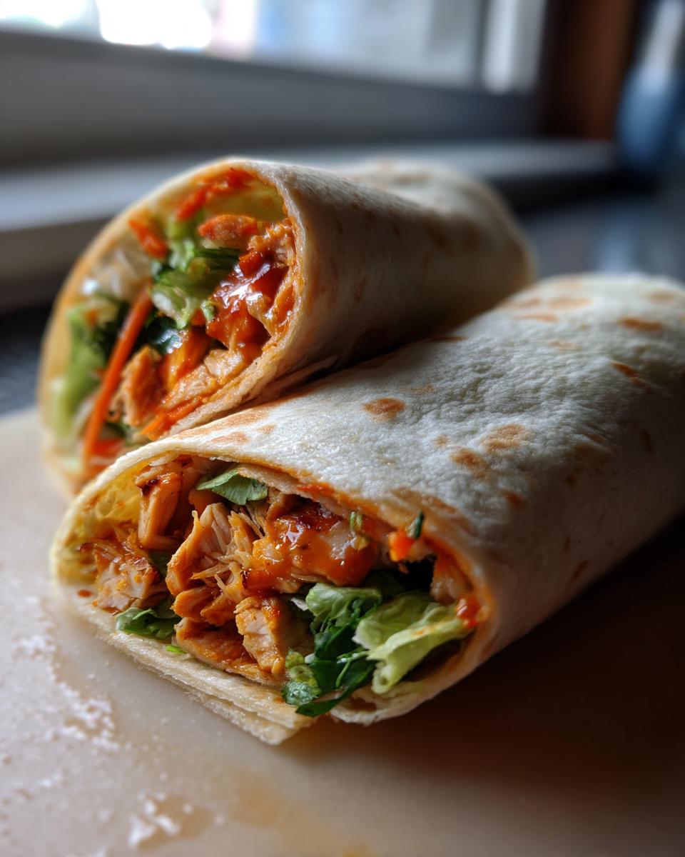 Two delicious Sweet Chili Chicken Wraps, cut in half, showing the chicken, lettuce, and other fillings.