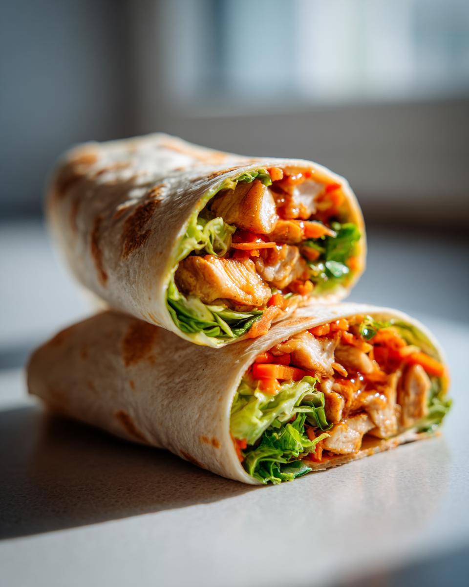Two Sweet Chili Chicken Wraps stacked on top of each other, showing chicken, lettuce, and carrots.