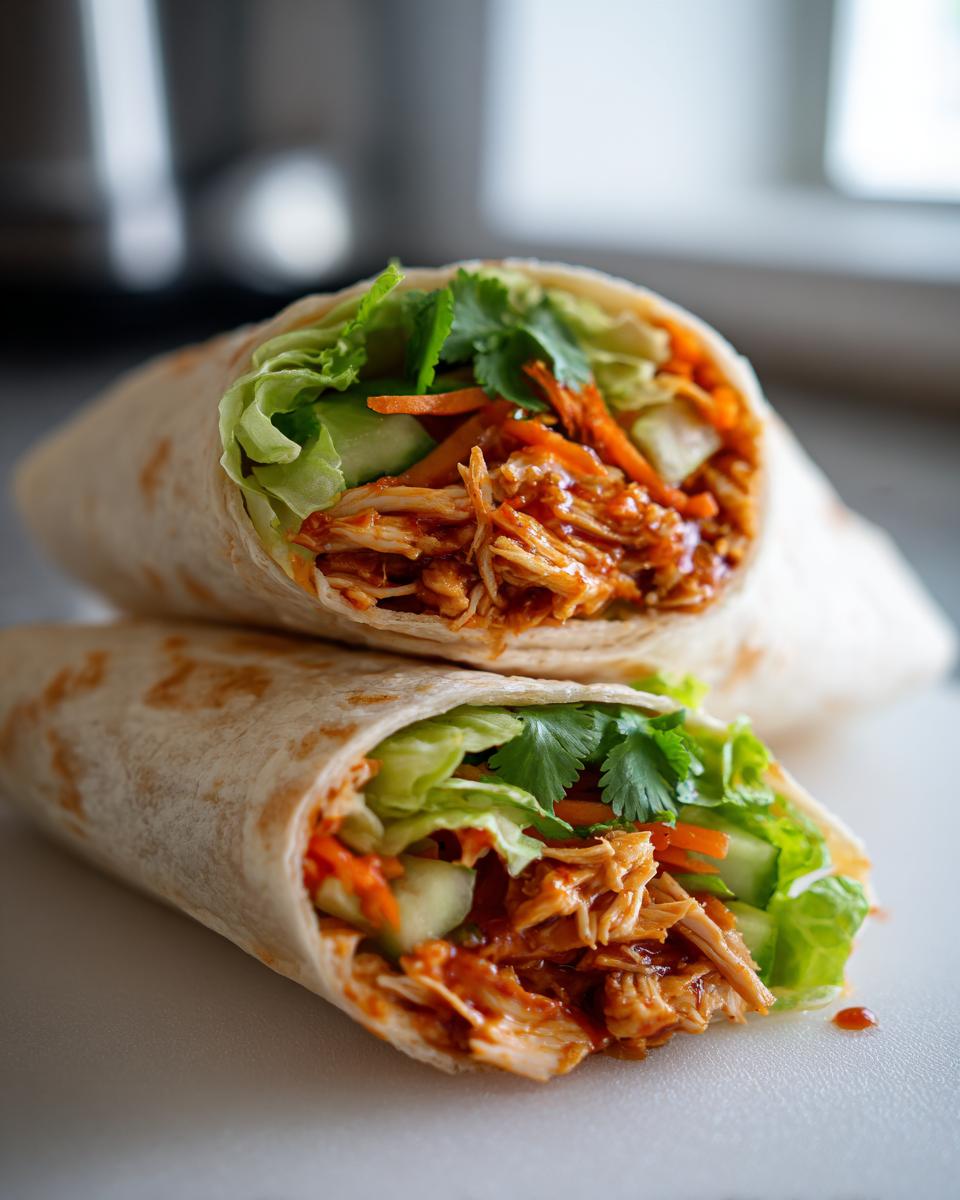 Two Sweet Chili Chicken Wraps stacked, showing the chicken, lettuce, carrots, and cilantro filling.