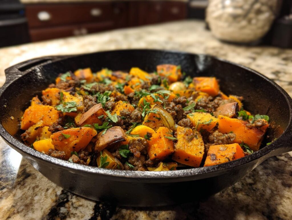 A skillet filled with Sweet Potato and Ground Turkey, garnished with fresh herbs.