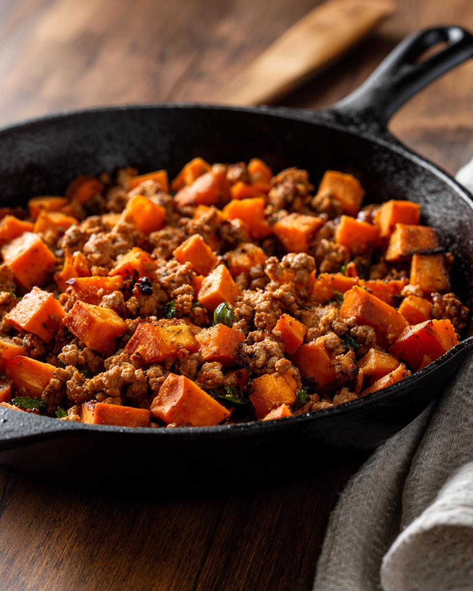 Close-up of Sweet Potato and Ground Turkey in a cast iron skillet on a wooden surface.