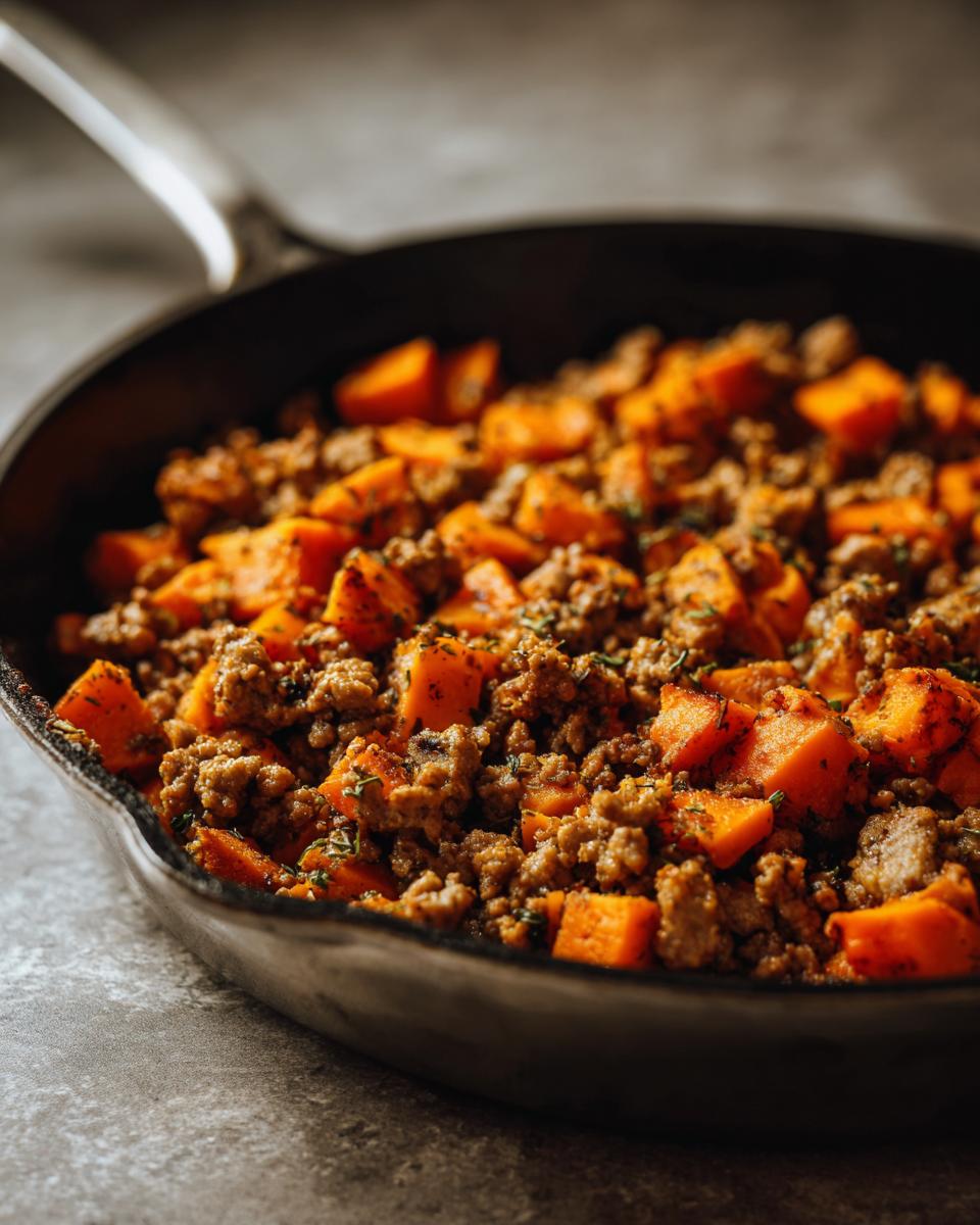 Close-up of Sweet Potato and Ground Turkey dish in a skillet, garnished with herbs.