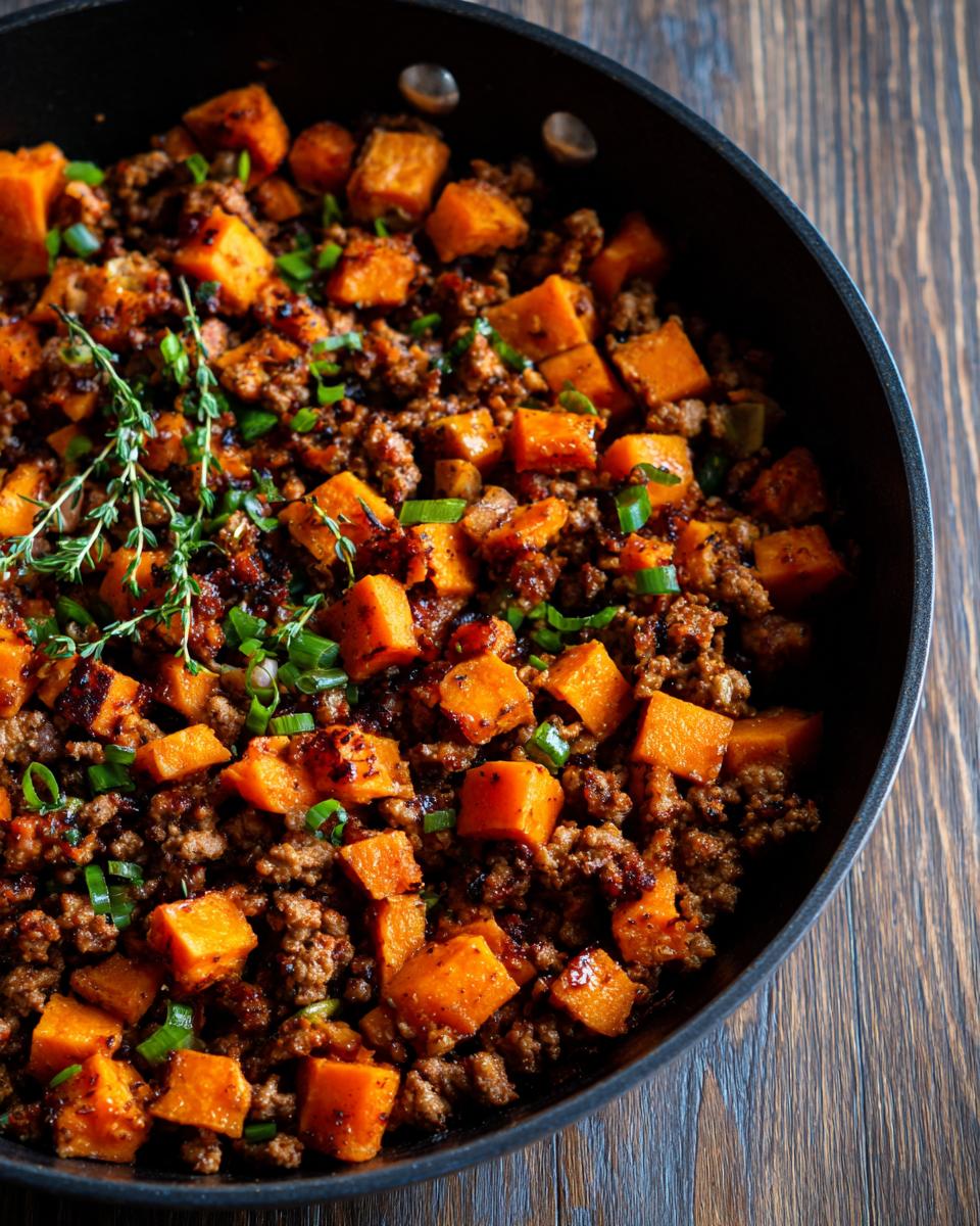 Close-up of a Sweet Potato and Ground Turkey skillet dish, garnished with herbs and green onions.