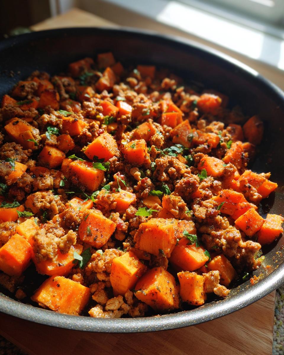 A skillet filled with Sweet Potato and Ground Turkey, garnished with fresh herbs.