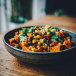 A vibrant bowl of Sweet Potato Taco Bowls with black beans, corn, and cilantro.