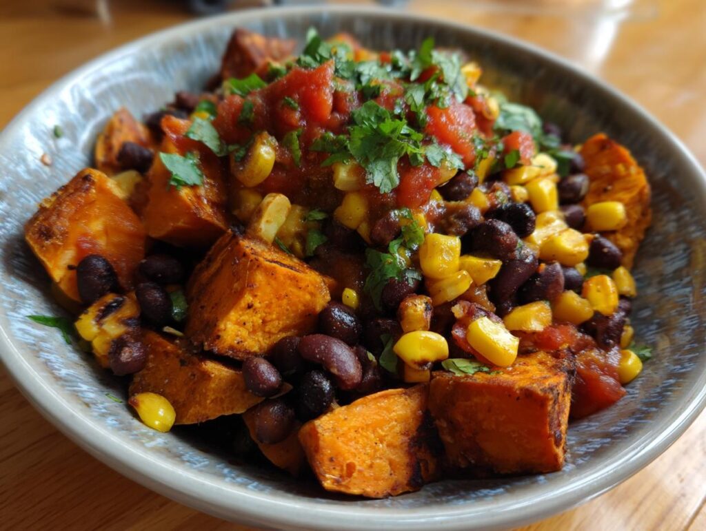 A vibrant bowl of Sweet Potato Taco Bowls filled with roasted sweet potatoes, black beans, corn, salsa, and cilantro.