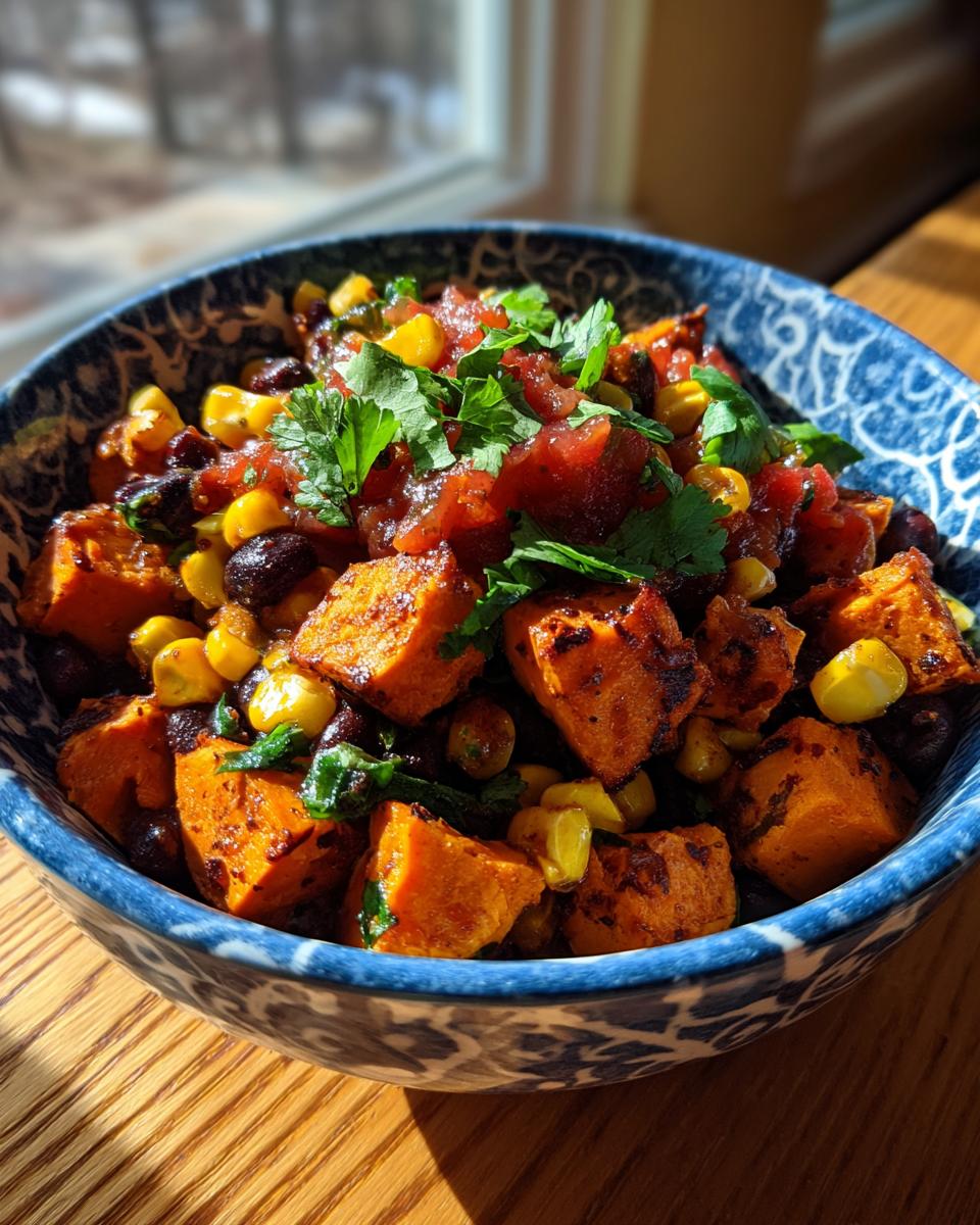 A vibrant bowl of Sweet Potato Taco Bowls with corn, black beans, salsa, and cilantro.