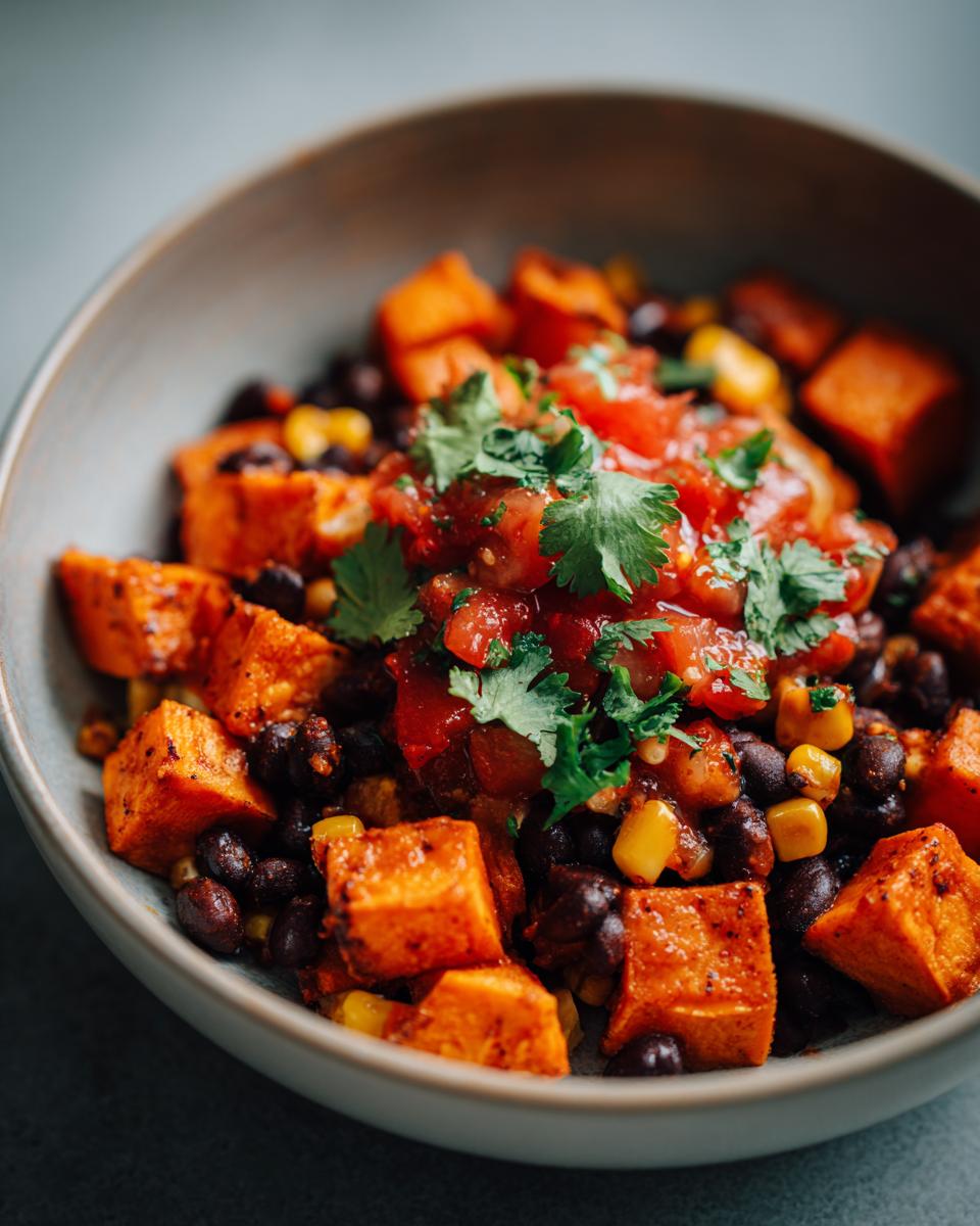 A vibrant Sweet Potato Taco Bowl filled with roasted sweet potatoes, black beans, corn, salsa, and cilantro.