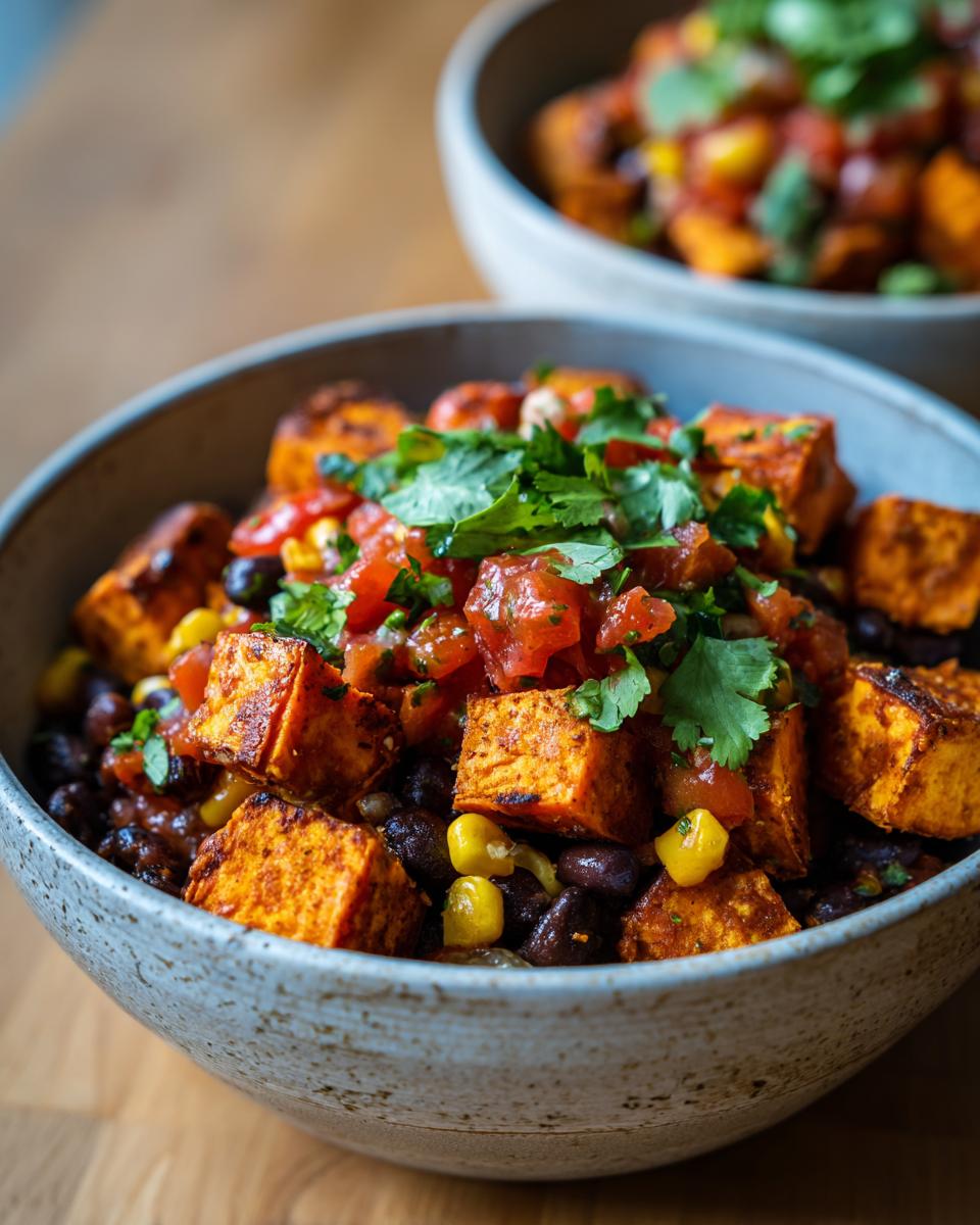 Close-up of Sweet Potato Taco Bowls with black beans, corn, tomato salsa, and cilantro in a gray bowl.