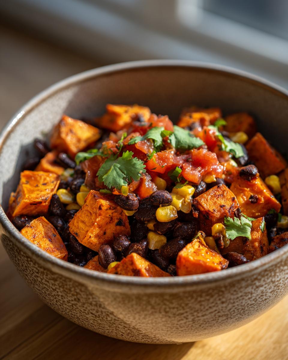 Close-up of Sweet Potato Taco Bowls in a bowl, featuring sweet potatoes, black beans, corn, and salsa.