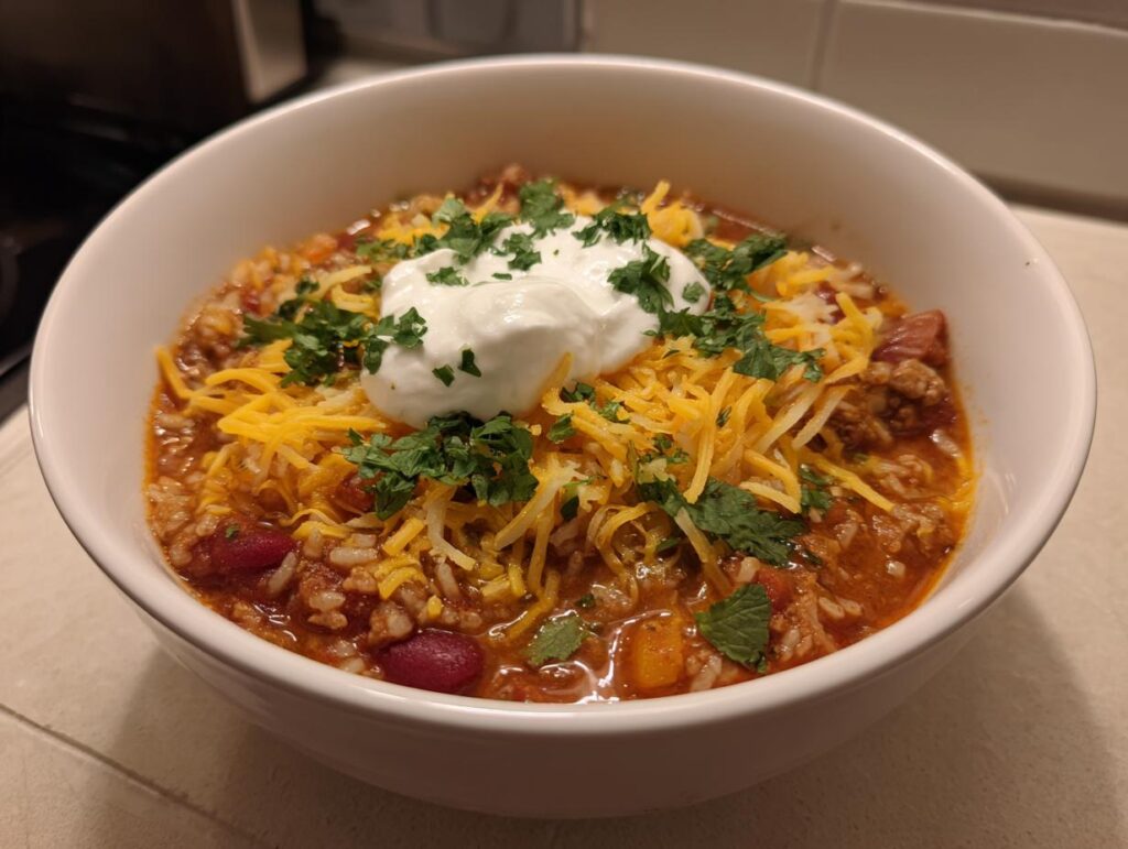 A hearty bowl of Taco Rice Soup topped with cheese, sour cream, and fresh parsley.
