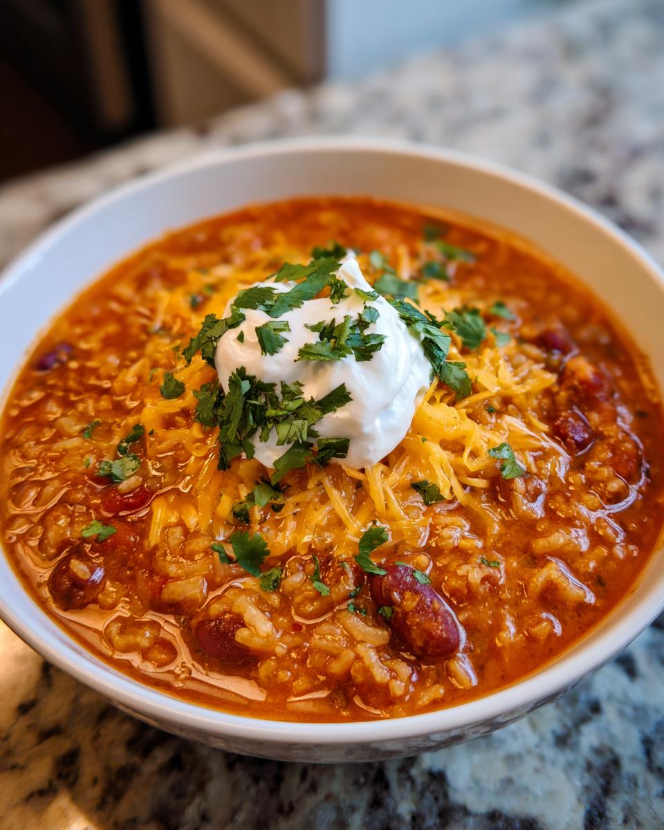 Close-up of a bowl of Taco Rice Soup, topped with sour cream, cheese, and cilantro.