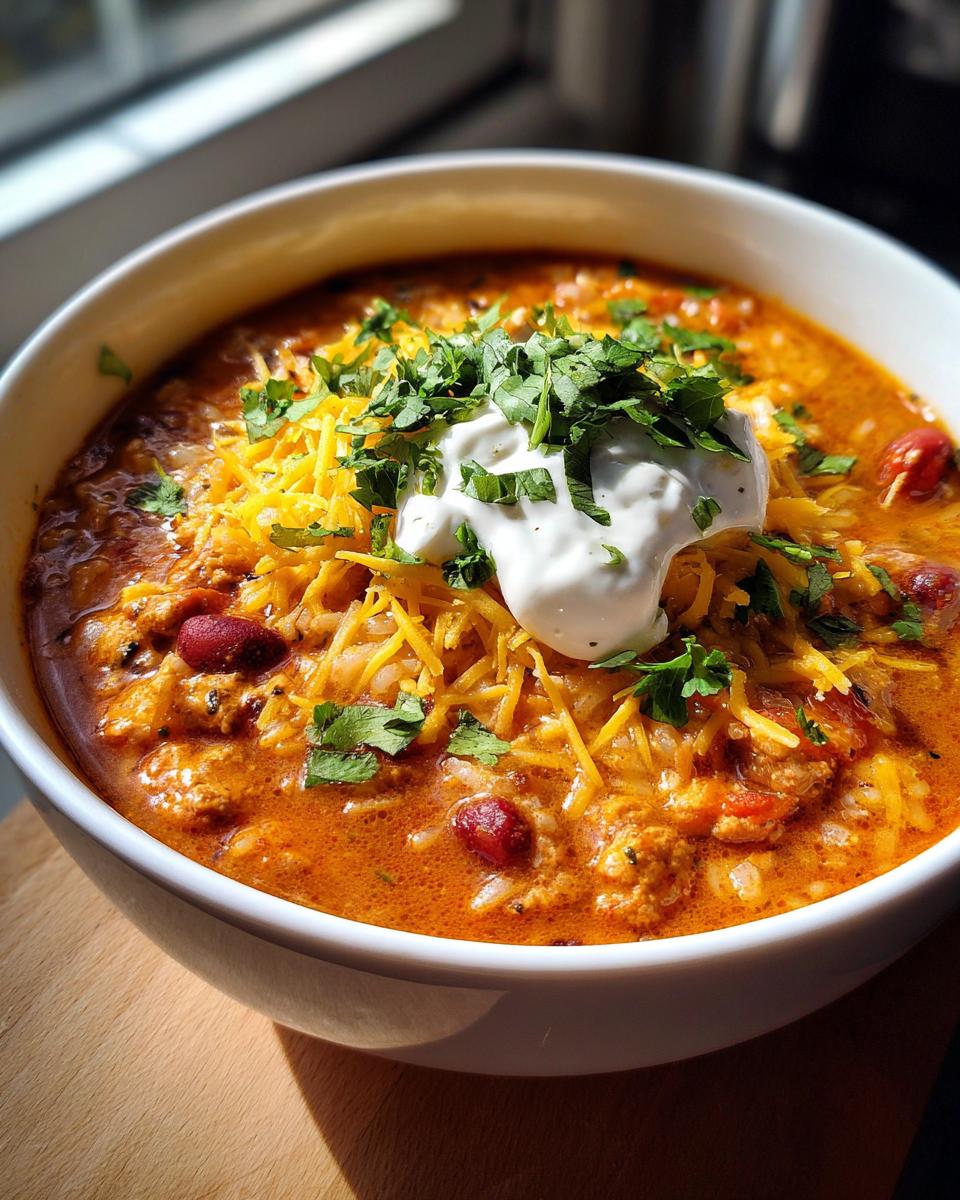 Close-up of a bowl of Taco Rice Soup, topped with cheese, sour cream, and fresh cilantro.