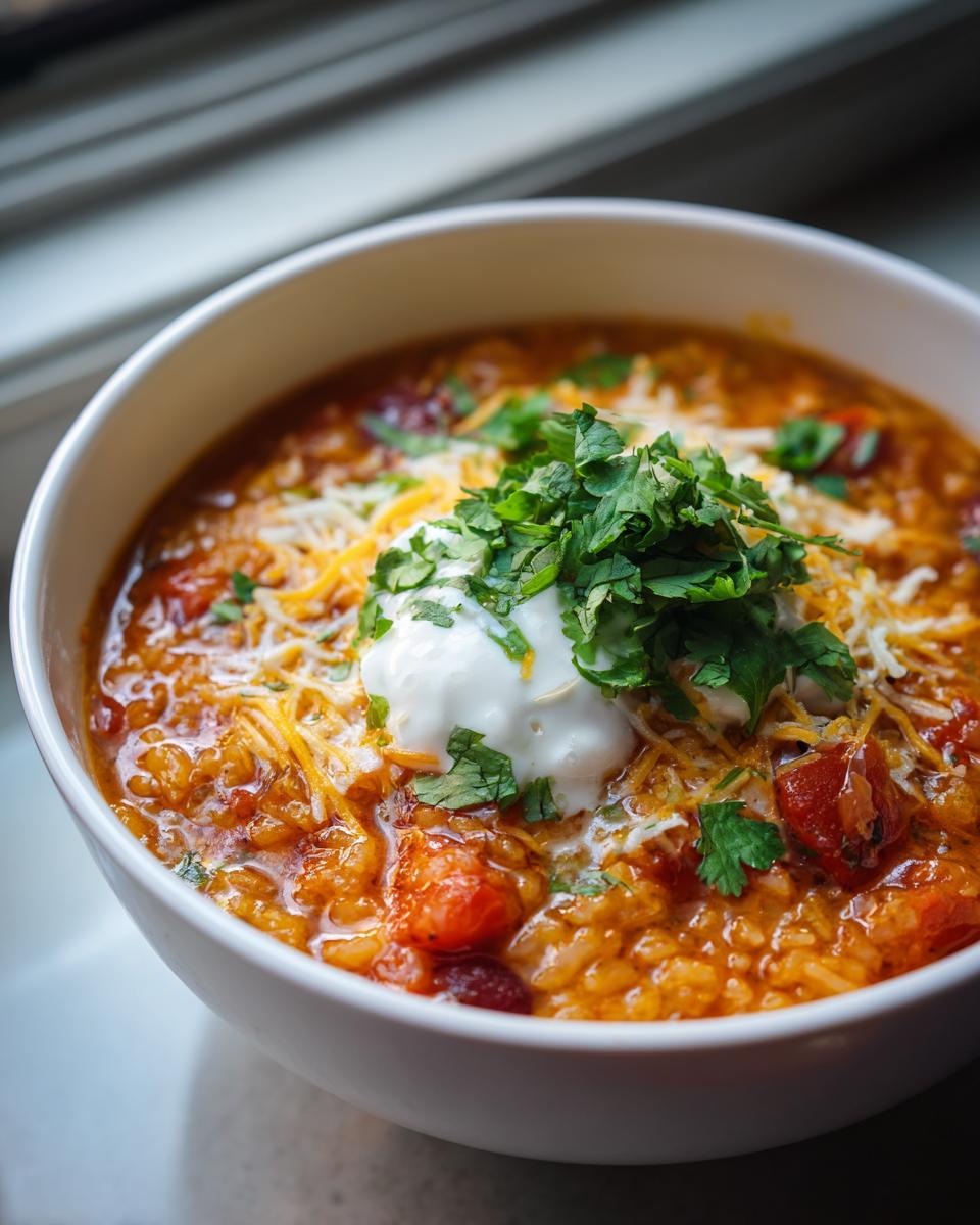 A bowl of Taco Rice Soup topped with sour cream, cheese, and fresh cilantro.