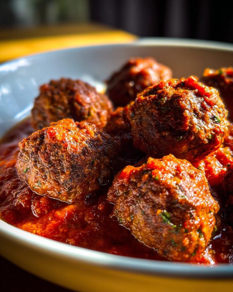 Close-up of tender red wine meatballs simmered in a rich tomato-based sauce, served in a bowl.