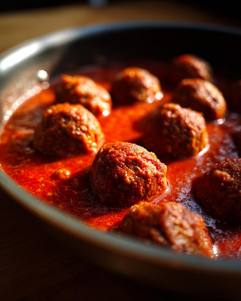 Close-up of Tender Red Wine Meatballs simmering in a rich red sauce in a skillet.