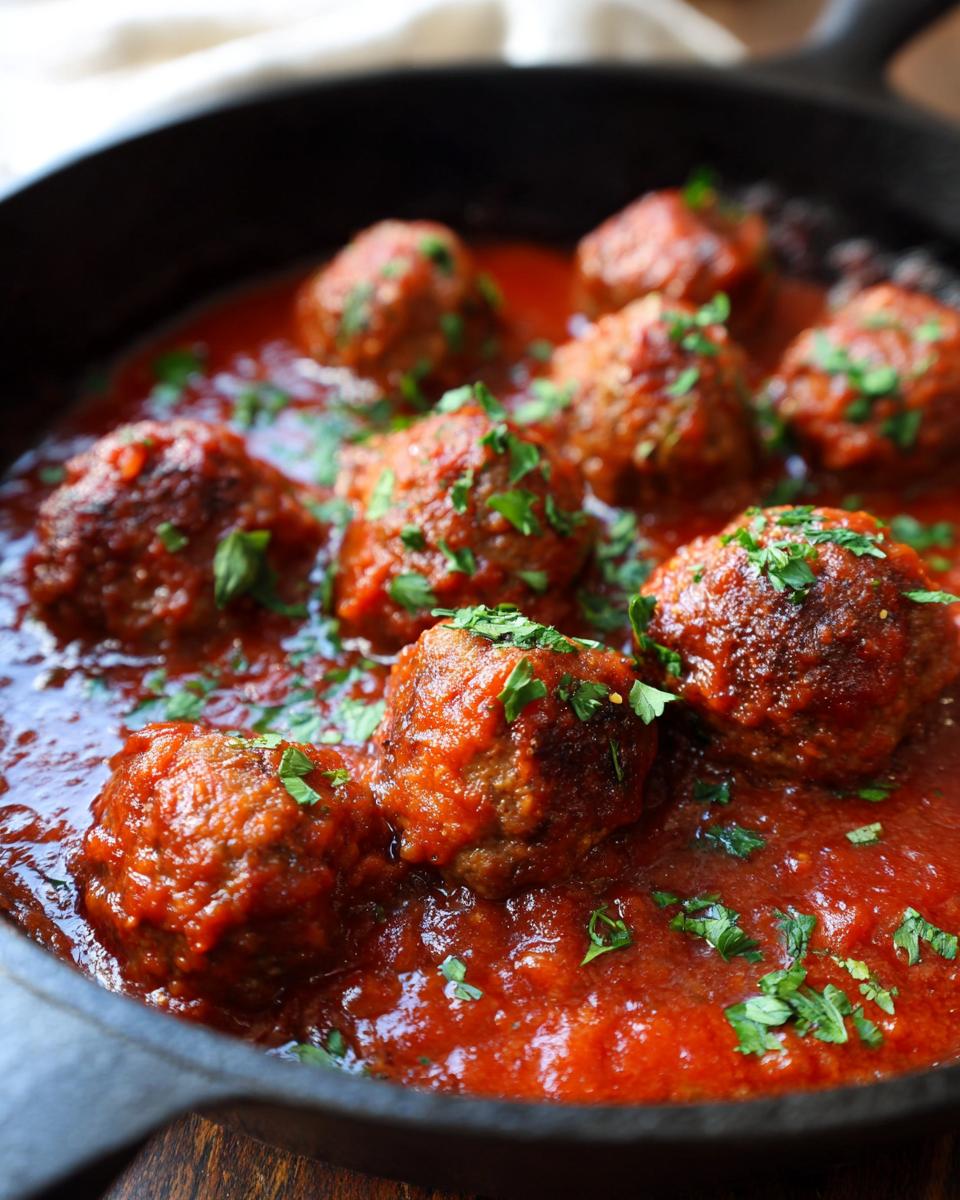 Close-up of Tender Red Wine Meatballs simmering in a rich tomato sauce, garnished with fresh parsley.