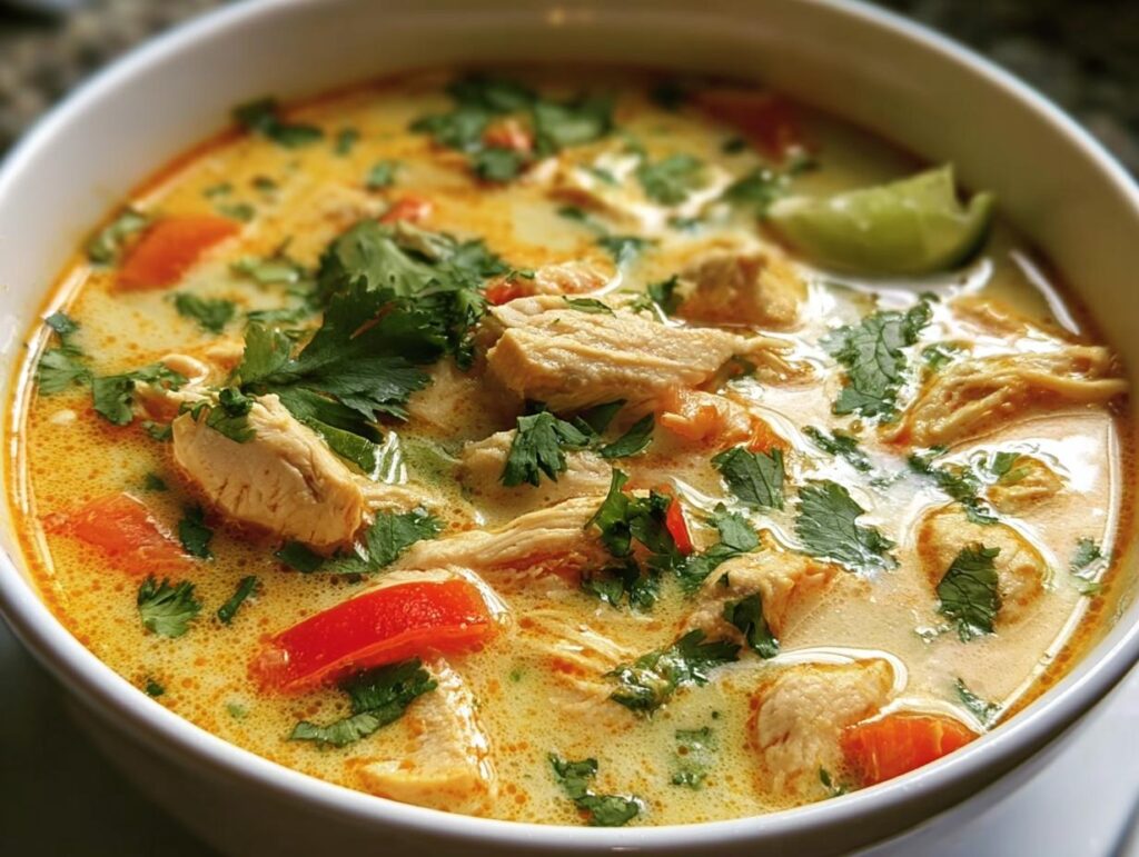 Close-up of a bowl of Thai Coconut Chicken Soup with chicken, vegetables, cilantro, and a lime wedge.